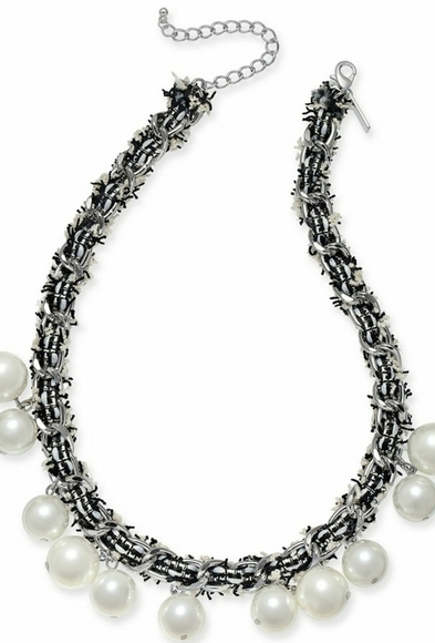 INC SILVER TONE FABRIC WEAVED PEARL NECKLACE MACYS - Picture 1 of 6